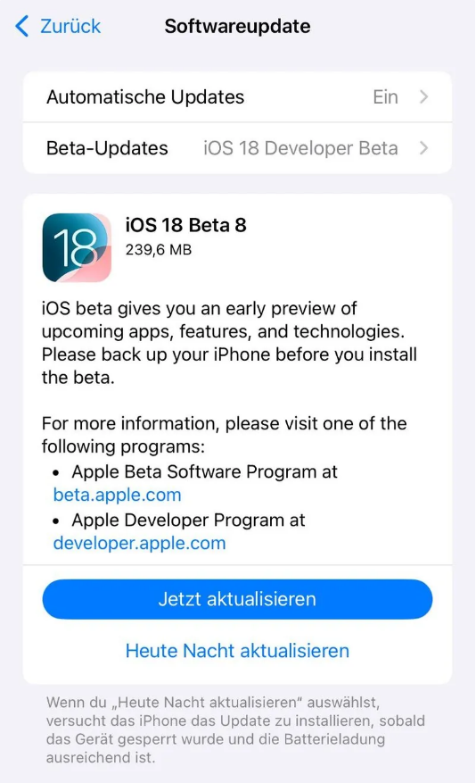 沧州苹果手机维修分享苹果 iOS / iPadOS 18 开发者预览版 Beta 8 发布 